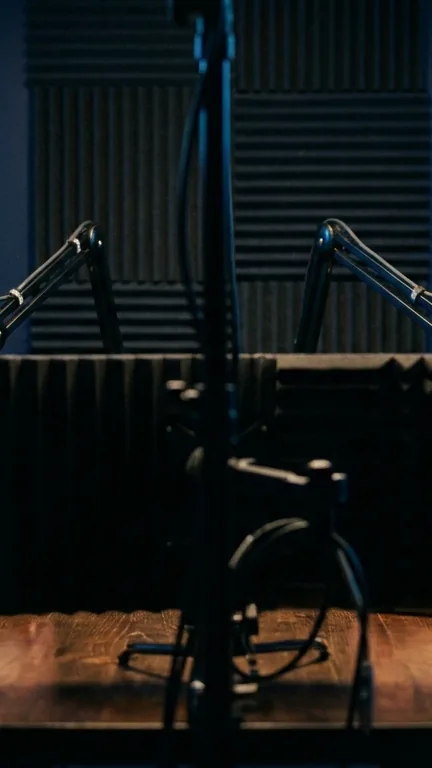 The same frame cropped down the middle: both faces are sliced off at the edges and the shot is mostly empty table and microphone stands